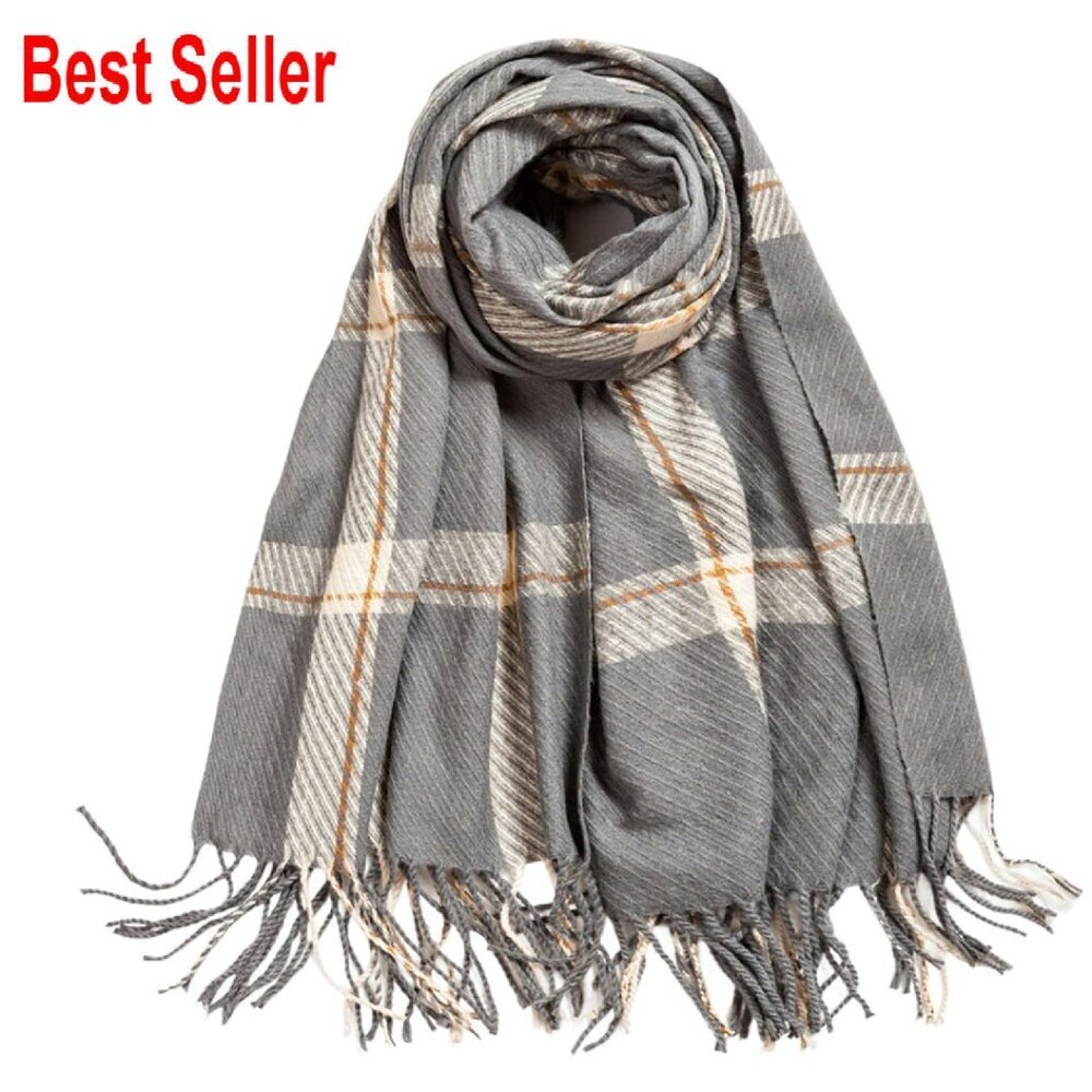 Oversized Plaid Shawl Scarf Soft Cashmere Feel Tassels Winter Wrap Chic